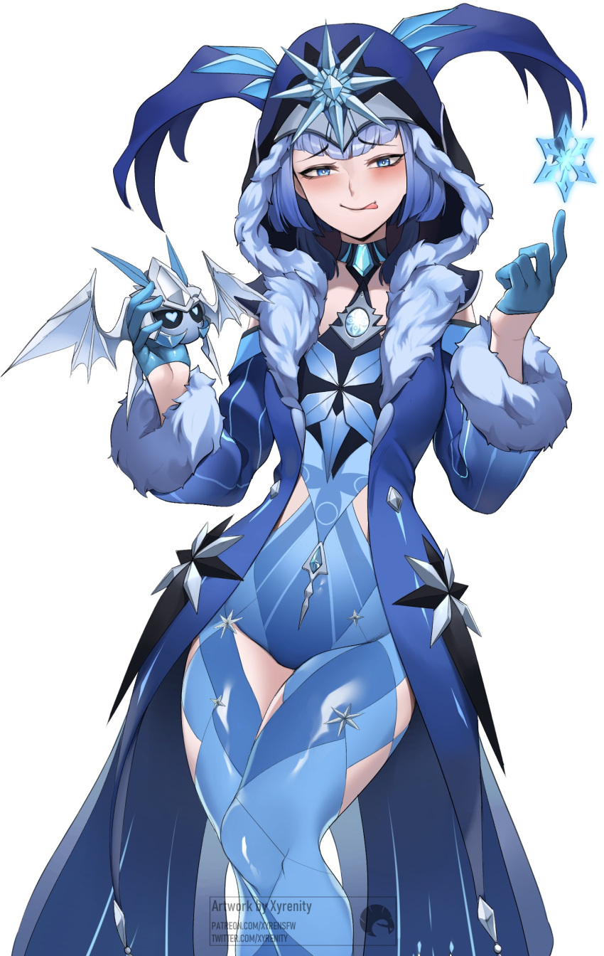 absurdres blue_bodysuit blue_coat blue_eyes blue_gloves blue_hair bodysuit cicin_(genshin_impact) cicin_mage_(genshin_impact) coat collar cryo_cicin_mage_(genshin_impact) cryo_symbol_(genshin_impact) delusion_(genshin_impact) fur-trimmed_coat fur-trimmed_sleeves fur_trim genshin_impact gloves half_gloves heart heart-shaped_pupils highres hood hood_up hooded_coat light_blue_hair short_hair smug symbol-shaped_pupils tongue tongue_out white_background xyrenity