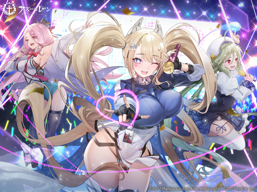 3girls absurdres armpits azur_lane beret breasts buttons comet_(azur_lane) commentary_request company_connection company_name copyright_name detached_sleeves fingerless_gloves frills garter_straps gloves glowstick grey_hair groin guam_(azur_lane) hair_ornament hat heart heart_tattoo highres holding jacket large_breasts leg_up lexington_(azur_lane) logo long_hair long_sleeves looking_at_viewer microphone multiple_girls nail_polish no_panties official_art one_eye_closed open_clothes open_jacket open_mouth pelvic_curtain pink_hair pleated_skirt puffy_sleeves purple_eyes red_eyes ribbon second-party_source skirt smile stage stage_lights star-shaped_pupils star_(symbol) symbol-shaped_pupils tattoo teddy_(khanshin) thighhighs thighs twintails x_hair_ornament