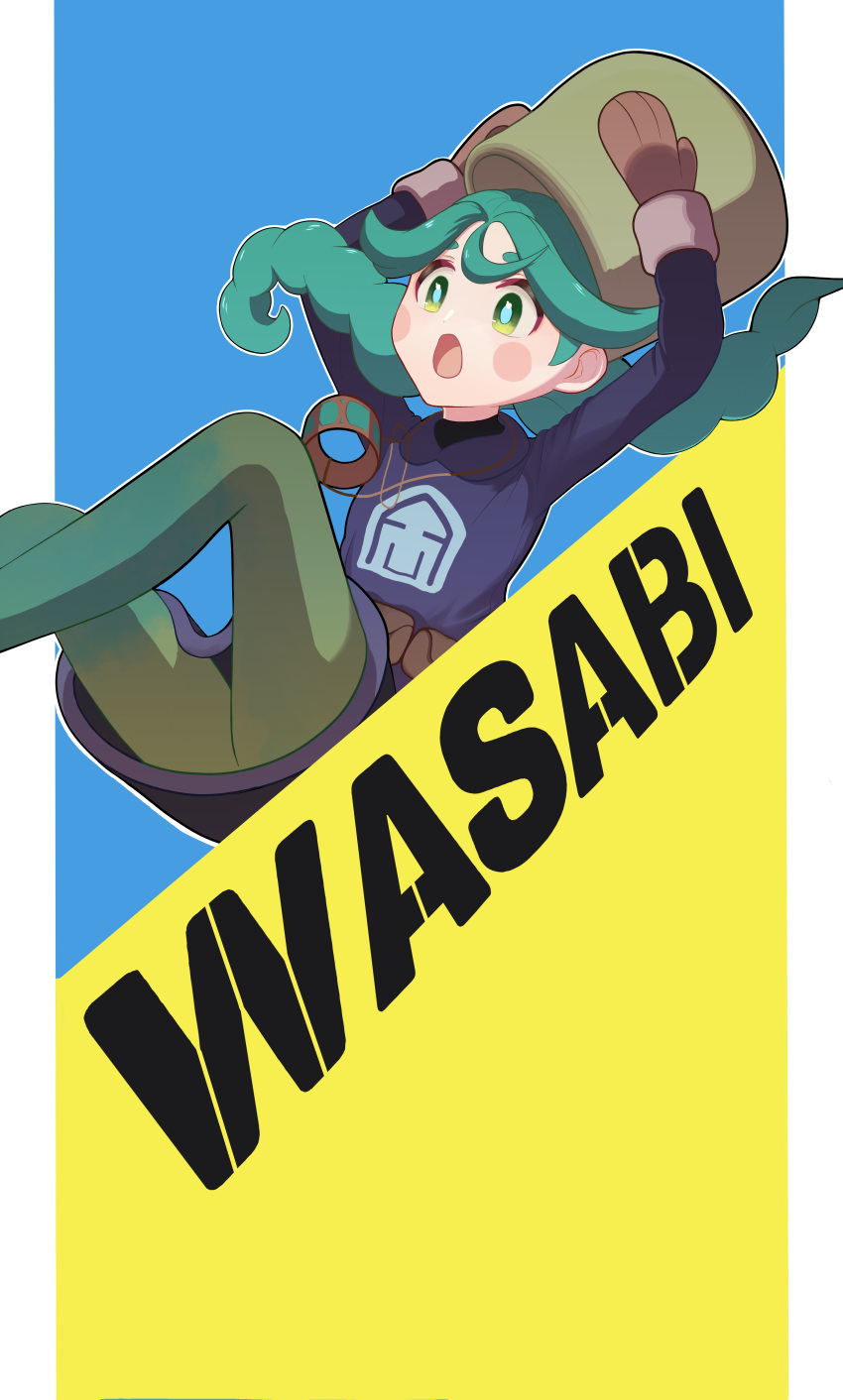 :o absurdres arms_up black_skirt blue_pupils blush_stickers bracelet brown_mittens character_name commentary_request female green_eyes green_hair green_hat green_pantyhose hat highres holding holding_clothes holding_hat jacket jewelry konomaru_(zassou_pastime) long_hair long_sleeves mittens open_mouth pantyhose pokemon pokemon_legends:_arceus sabi_(pokemon) skirt solo twintails