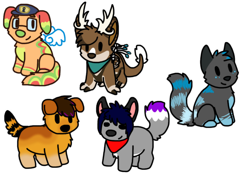 2014 adobe_photoshop_(artwork) ambiguous_gender antlers bird_dog black_markings blue_hair blue_markings brown_body brown_fur brown_inner_ear brown_nose button_ears canid canine canis chibi digital_drawing_(artwork) digital_media_(artwork) digitigrade dipstick_tail domestic_cat domestic_dog dot_eyes felid feline felis feral feral_with_hair flat_colors floppy_ears fur golden_retriever green_markings green_nose grey_body grey_fur group hair head_tuft horn hunting_dog hybrid kayla_(kaylamod) kerchief mammal markings neckerchief orange_body orange_fur pink_inner_ear purple_markings red_kerchief red_markings red_neckerchief retriever ring_(marking) ringed_tail sebdoggo simple_background sitting standing striped_markings striped_tail stripes tail tail_markings tail_tuft teal_kerchief teal_neckerchief tuft white_antlers white_background yellow_markings