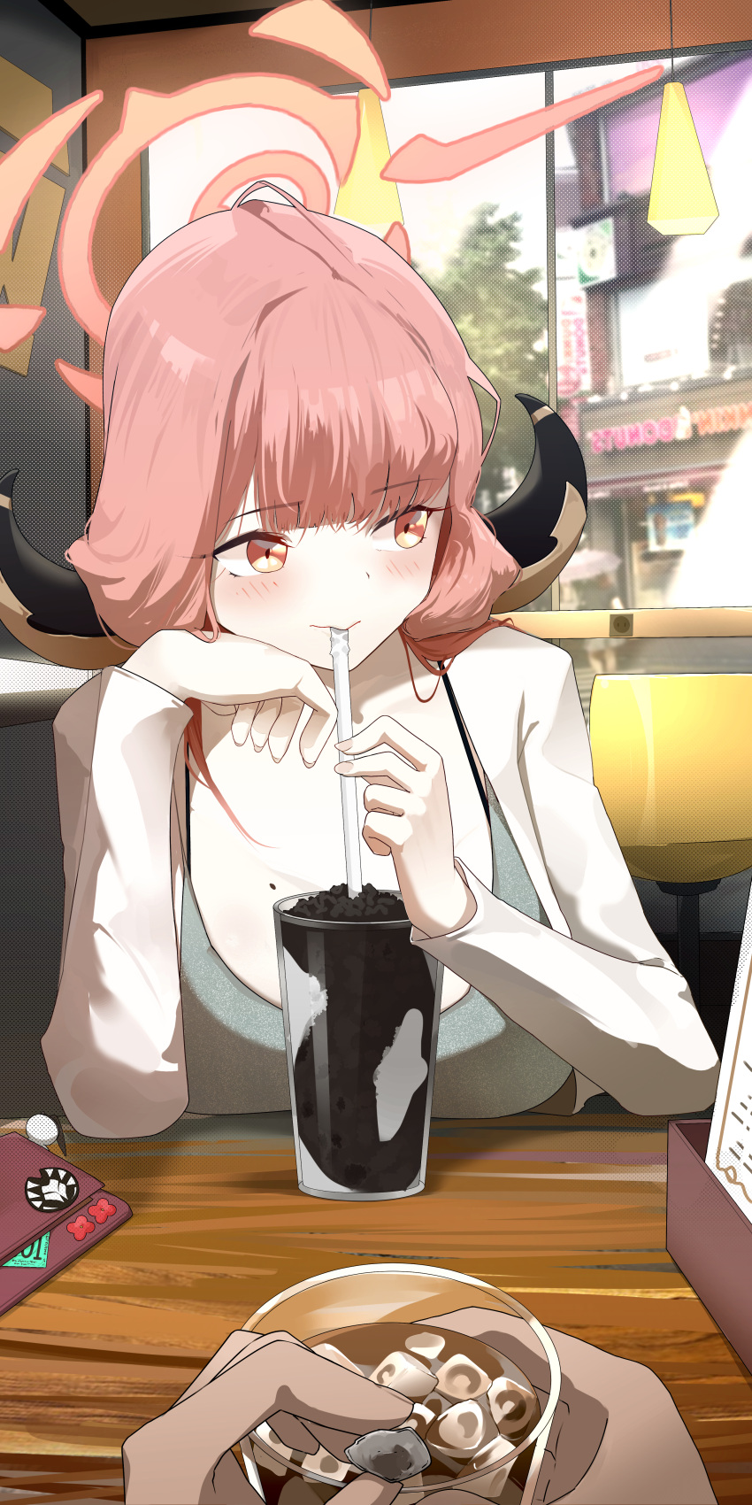 1boy absurdres alternate_costume aru_(blue_archive) bag blue_archive blush breasts cup demon_horns drinking drinking_straw female halo highres horns looking_to_the_side mole mole_on_breast pink_hair pov pov_hands restaurant ryeon_(bluetom1) sitting solo_focus window