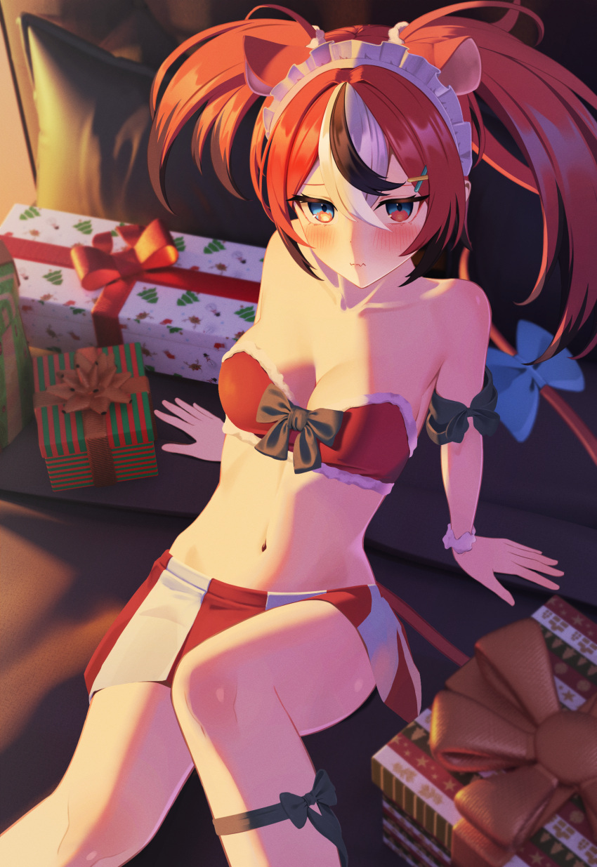 absurdres alternate_costume animal_ears bare_shoulders black_hair blue_eyes blush breasts christmas cleavage ecli_xx enmaided female hair_ornament hakos_baelz hakos_baelz_(1st_costume) highres hololive hololive_english long_hair looking_at_viewer maid medium_breasts mouse_ears mouse_girl mouse_tail multicolored_hair navel red_hair solo streaked_hair tail thighs twintails virtual_youtuber white_hair