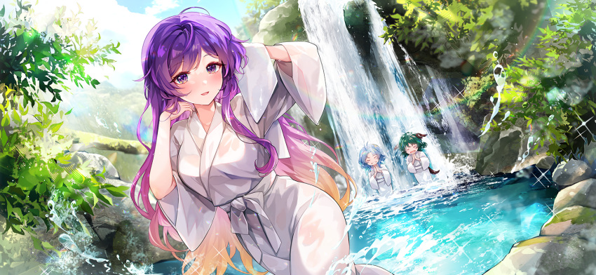 3girls :d alternate_costume animal_ears blonde_hair blue_hair blush closed_eyes cloud day gradient_hair green_hair hijiri_byakuren holding holding_towel hutuu_(1121) kasodani_kyouko kumoi_ichirin long_hair looking_at_viewer meditation medium_hair multicolored_hair multiple_girls non-web_source official_art open_clothes open_mouth outdoors purple_eyes purple_hair robe rock second-party_source sky smile sparkle tail touhou touhou_gensou_eclipse towel tree very_long_hair water waterfall waterfall_shower wet wet_clothes white_robe