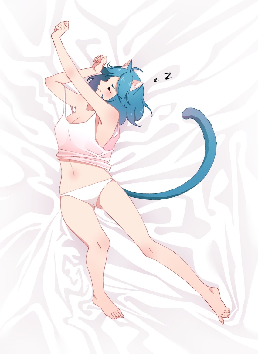 animal_ears arknights avi_(baltika_seven) barefoot blue_hair blush breasts cat_ears cat_girl cat_tail cleavage closed_eyes commentary english_commentary feet female full_body highres legs lying monique_(arknights) navel on_back panties shirt short_hair small_breasts solo strap_slip stretching tail toenails toes underwear white_panties white_shirt zzz