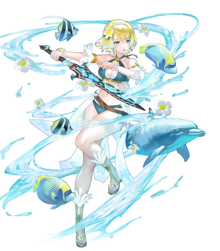 angelfish animal bare_shoulders belt bikini blonde_hair blue_eyes blue_hair bracelet breasts butterflyfish cleavage collarbone criss-cross_halter dolphin earrings feather_trim female fire_emblem fire_emblem_heroes fish fjorm_(fire_emblem) fjorm_(summer)_(fire_emblem) flower full_body gradient_clothes gradient_hair hair_flower hair_ornament hairband halterneck highres holding holding_sword holding_weapon jewelry leg_up maeshima_shigeki medium_breasts multicolored_hair navel non-web_source official_alternate_costume official_art open_mouth sandals seashell shell short_hair solo sparkle starfish stomach swimsuit sword thighs toeless_footwear toes transparent_background tropical_fish water weapon