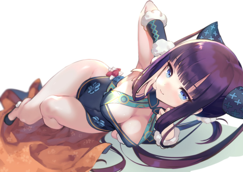 blue_eyes blush breasts china_dress chinese_clothes cleavage cleavage_cutout closed_mouth clothing_cutout commentary_request dress fate/grand_order fate_(series) female fingernails fur_trim hair_ornament highres looking_at_viewer lying on_side protected_link purple_hair sekisei shadow shiny_skin shoes short_dress simple_background sleeveless smile solo thighs tied_hair white_background yang_guifei_(fate) yang_guifei_(second_ascension)_(fate)