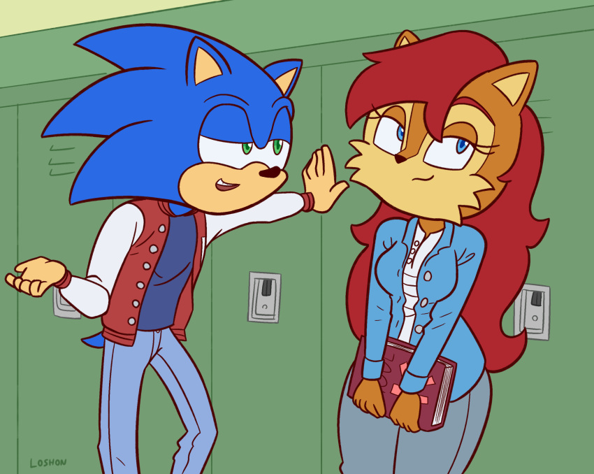 anthro archie_comics blue_eyes book brown_body brown_fur canon_couple chipmunk clothed clothing digital_media_(artwork) duo eulipotyphlan female flat_colors flirting fur green_eyes ground_squirrel hair hedgehog hi_res high_school jacket letterman_jacket locker loshon male mammal open_mouth rodent sally_acorn school sciurid sega shirt smile sonic_the_hedgehog sonic_the_hedgehog_(archie) sonic_the_hedgehog_(comics) sonic_the_hedgehog_(series) t-shirt topwear