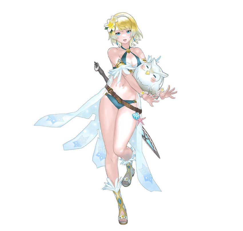 bikini blonde_hair blue_eyes blue_hair breasts earrings feh_(fire_emblem_heroes) female fire_emblem fire_emblem_heroes fjorm_(fire_emblem) fjorm_(summer)_(fire_emblem) full_body gradient_hair hair_ornament jewelry looking_at_viewer maeshima_shigeki multicolored_hair non-web_source official_alternate_costume official_art open_mouth short_hair simple_background smile solo swimsuit white_background