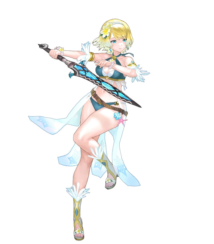 belt bikini blonde_hair blue_eyes blue_hair bracelet breasts cleavage collarbone criss-cross_halter earrings feather_trim female fire_emblem fire_emblem_heroes fjorm_(fire_emblem) fjorm_(summer)_(fire_emblem) flower full_body gradient_clothes gradient_hair hair_flower hair_ornament hairband halterneck highres holding holding_sword holding_weapon jewelry leg_up maeshima_shigeki medium_breasts multicolored_hair navel non-web_source official_alternate_costume official_art parted_lips sandals seashell shell short_hair solo starfish stomach swimsuit sword thighs toeless_footwear toes transparent_background weapon