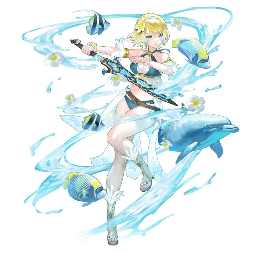 angelfish bikini blonde_hair blue_eyes blue_hair breasts butterflyfish earrings female fire_emblem fire_emblem_heroes fish fjorm_(fire_emblem) fjorm_(summer)_(fire_emblem) full_body gradient_hair hair_ornament jewelry looking_at_viewer maeshima_shigeki multicolored_hair non-web_source official_alternate_costume official_art open_mouth sandals short_hair simple_background smile solo swimsuit toeless_footwear tropical_fish white_background