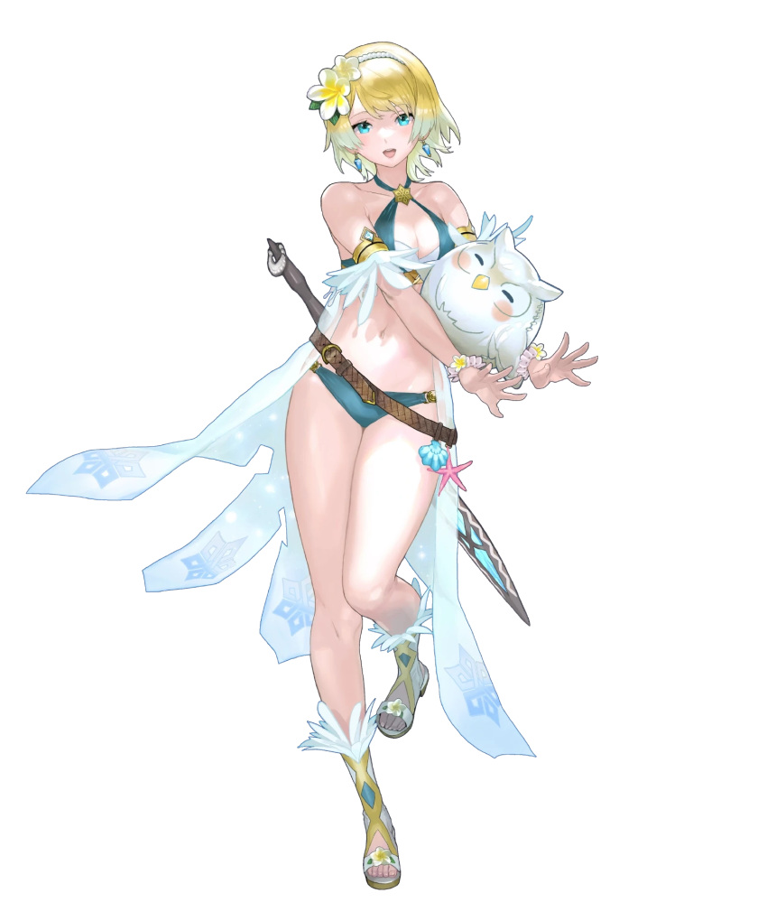 ball bare_shoulders beachball belt bikini blonde_hair blue_eyes blue_hair blush bracelet breasts cleavage collarbone criss-cross_halter earrings feather_trim feh_(fire_emblem_heroes) female fire_emblem fire_emblem_heroes fjorm_(fire_emblem) fjorm_(summer)_(fire_emblem) flower full_body gradient_clothes gradient_hair hair_flower hair_ornament hairband halterneck highres jewelry looking_at_viewer maeshima_shigeki medium_breasts multicolored_hair navel non-web_source official_alternate_costume official_art open_mouth sandals seashell shell short_hair smile solo starfish stomach swimsuit sword thighs toeless_footwear toes transparent_background weapon