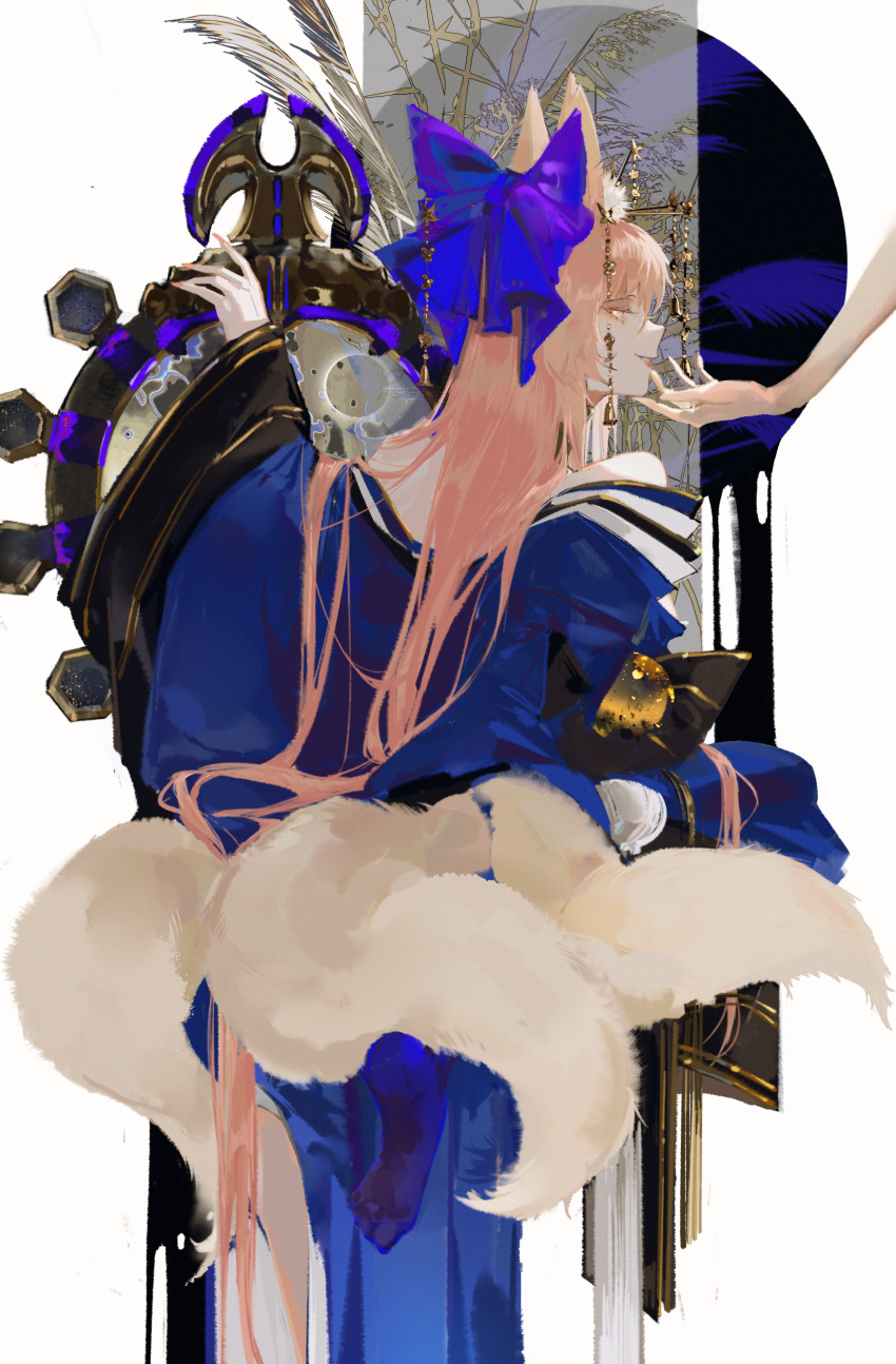 absurdres acid114514 animal_ear_fluff animal_ears arm_at_side bare_shoulders blue_bow blue_kimono bow breasts curtains fate/grand_order fate_(series) female finger_to_another's_mouth fox_ears fox_girl fox_tail from_behind hair_ornament hair_stick hairbow hand_on_another's_chin highres japanese_clothes jewelry kimono kitsune lipstick long_hair long_sleeves looking_at_another looking_away makeup multiple_tails obi off_shoulder orb out_of_frame outstretched_arm parted_lips pink_hair plant profile sash shield sleeves_past_fingers sleeves_past_wrists smile smirk solo_focus standing stroking_another's_chin suiten_nikkou_amaterasu_yanoshisu_ishi tail tamamo_(fate) tamamo_no_mae_(fate/extra) tamamo_no_mae_(third_ascension)_(fate) very_long_hair white_background wide_sleeves yellow_eyes