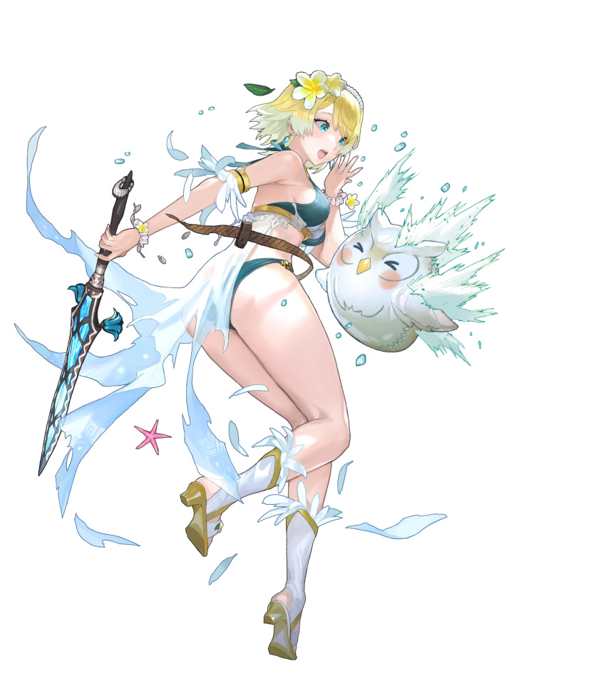 ass ball bare_shoulders beachball bikini blonde_hair blue_eyes blue_hair bracelet breasts criss-cross_halter earrings feather_trim feathers feh_(fire_emblem_heroes) female fire_emblem fire_emblem_heroes fjorm_(fire_emblem) fjorm_(summer)_(fire_emblem) flower full_body gradient_clothes gradient_hair hair_flower hair_ornament hairband halterneck hand_up highres holding holding_weapon jewelry leaf maeshima_shigeki medium_breasts multicolored_hair navel non-web_source official_alternate_costume official_art open_mouth sandals short_hair solo starfish stomach swimsuit sword thighs toeless_footwear torn_belt torn_clothes transparent_background water water_drop weapon