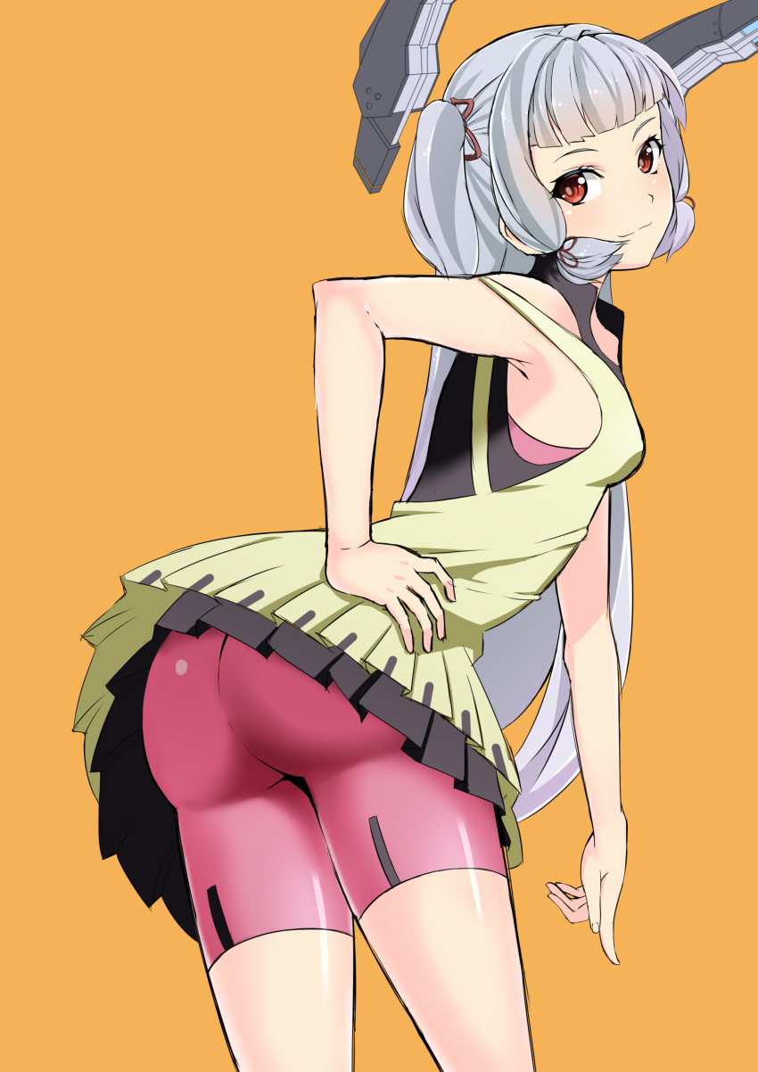 absurdres alternate_costume alternate_hairstyle ass bike_shorts blush breasts cosplay dimension_w female grey_hair highres jito_mesuki_nitouhei kantai_collection long_hair murakumo_(kancolle) orange_eyes small_breasts smile solo very_long_hair yurizaki_mira yurizaki_mira_(cosplay)