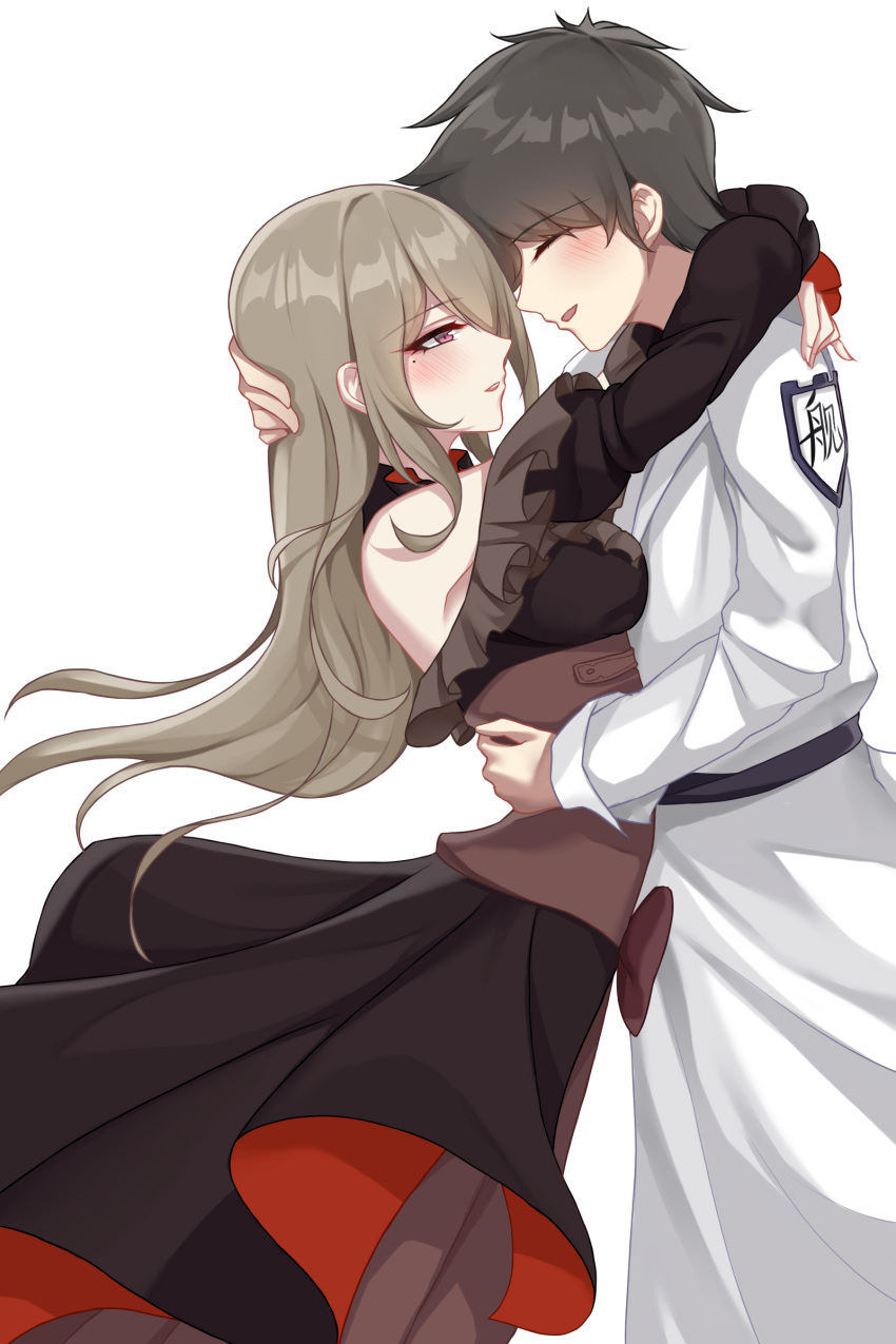 1boy absurdres arms_around_neck arms_around_waist bare_shoulders black_dress blush brown_hair captain_(honkai_impact) chinese_commentary closed_eyes coat commentary_request dress eyebrows female formal highres honkai_(series) honkai_impact_3rd long_hair long_sleeves mole mole_under_eye purple_eyes rita_rossweisse ruo_zhishi_chu_jian short_hair simple_background smile wedding_dress white_background white_coat