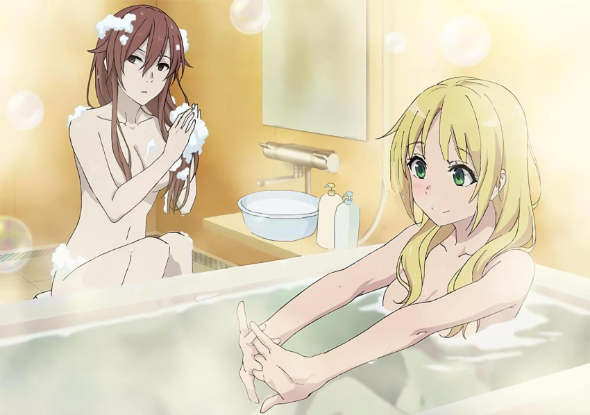 2girls bath blonde_hair breasts brown_eyes bubble completely_nude estelle_rosenthal green_eyes highres hitokawa_hasami multiple_girls nude official_art red_hair same-sex_bathing shared_bathing soap soap_bubbles source_request toaru_kagaku_no_accelerator toaru_majutsu_no_index washing_hair