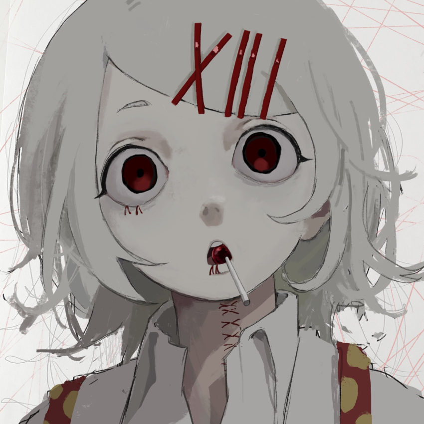 1boy candy end80236189 food hair_ornament hairclip highres lollipop male_focus mouth_hold pale_skin parted_lips portrait red_eyes shirt short_hair simple_background solo stitches suzuya_juuzou tokyo_ghoul white_hair white_shirt