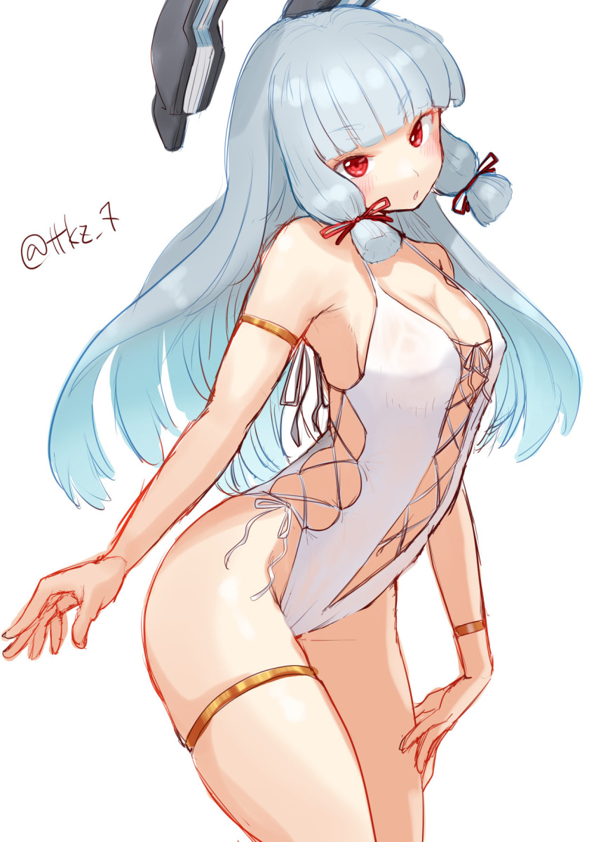 blunt_bangs breasts casual_one-piece_swimsuit cleavage cowboy_shot female floating_headgear grey_hair hair_ribbon headgear highleg highleg_one-piece_swimsuit highres kantai_collection long_hair medium_breasts murakumo_(kancolle) one-hour_drawing_challenge one-piece_swimsuit red_eyes ribbon side-tie_one-piece_swimsuit sidelocks solo swimsuit tetsukuzu_(yajirushi_shita) twitter_username white_one-piece_swimsuit