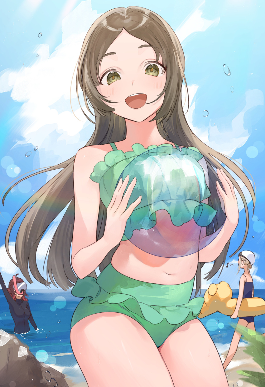 3girls ball beach beachball bikini blue_one-piece_swimsuit blush brown_hair frilled_bikini frills gakuen_idolmaster goggles green_bikini hanami_ume highres idolmaster koyo_akio kuramoto_china long_hair looking_at_viewer multiple_girls navel one-piece_swimsuit outdoors parted_bangs shinosawa_hiro smile snorkel_mask solo_focus straight_hair swim_cap swimsuit transparent_beachball very_long_hair