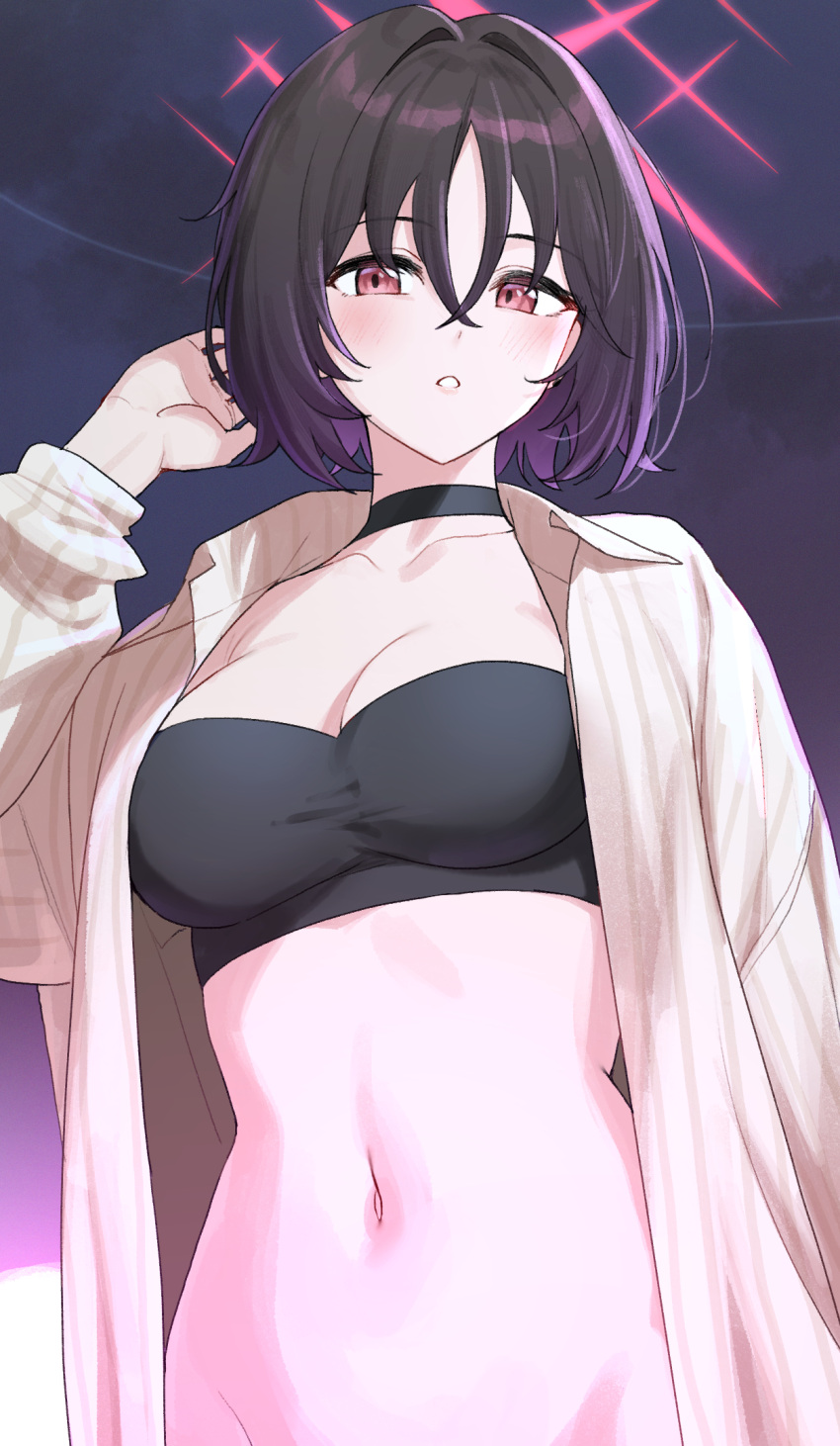 :o bikini bikini_top_only black_bikini black_choker black_hair blue_archive breasts choker cleavage collarbone female groin halo highres jacket looking_at_viewer medium_breasts misaki_(blue_archive) misaki_(swimsuit)_(blue_archive) navel nonbire official_alternate_costume open_clothes open_jacket out-of-frame_censoring outdoors red_eyes short_hair solo stomach striped_clothes striped_jacket swimsuit