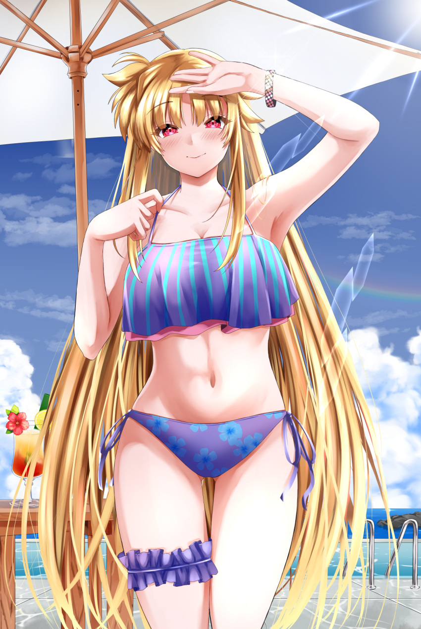 beach_umbrella bikini blonde_hair blue_bikini bracelet breasts closed_mouth commentary_request day fate_testarossa female highres jewelry large_breasts long_hair looking_at_viewer lyrical_nanoha mahou_shoujo_lyrical_nanoha_strikers multicolored_bikini multicolored_clothes outdoors purple_bikini red_eyes smile solo sougetsu_izuki standing swimsuit umbrella very_long_hair