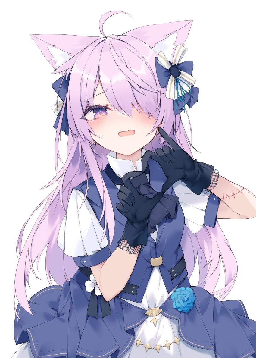 absurdres ahoge animal_ear_fluff animal_ears aqua_flower aqua_ribbon aqua_rose ascot black_ascot black_gloves blue_bow blue_skirt blue_vest bow cat_ears embarrassed female flower gloves hair_over_one_eye hair_ribbon hairbow heart heart_hands highres injury long_hair long_skirt nibiiro_shizuka oerba_yun_fang open_mouth original purple_eyes ribbon rose shirt simple_background skirt solo star_(symbol) tears very_long_hair vest white_background white_shirt