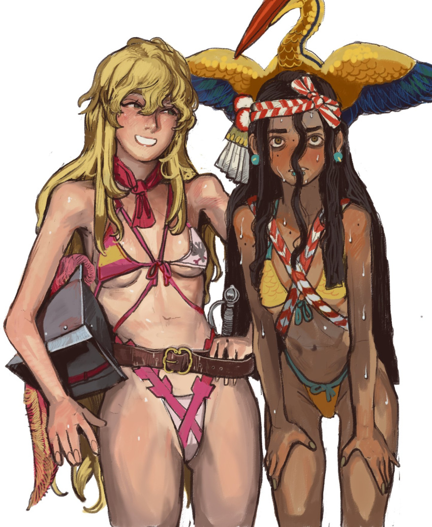 2girls aztec belt bikini bird black_hair blonde_hair breasts brown_belt brown_eyes conquistador cowboy_shot crane_(animal) dark_skin earrings groin headband helmet highres holding holding_helmet jewelry long_hair looking_at_another mossacannibalis multiple_girls neckerchief open_mouth original red_neckerchief simple_background small_breasts smile sweat swimsuit sword two-tone_bikini unworn_headwear unworn_helmet weapon white_background yellow_bikini