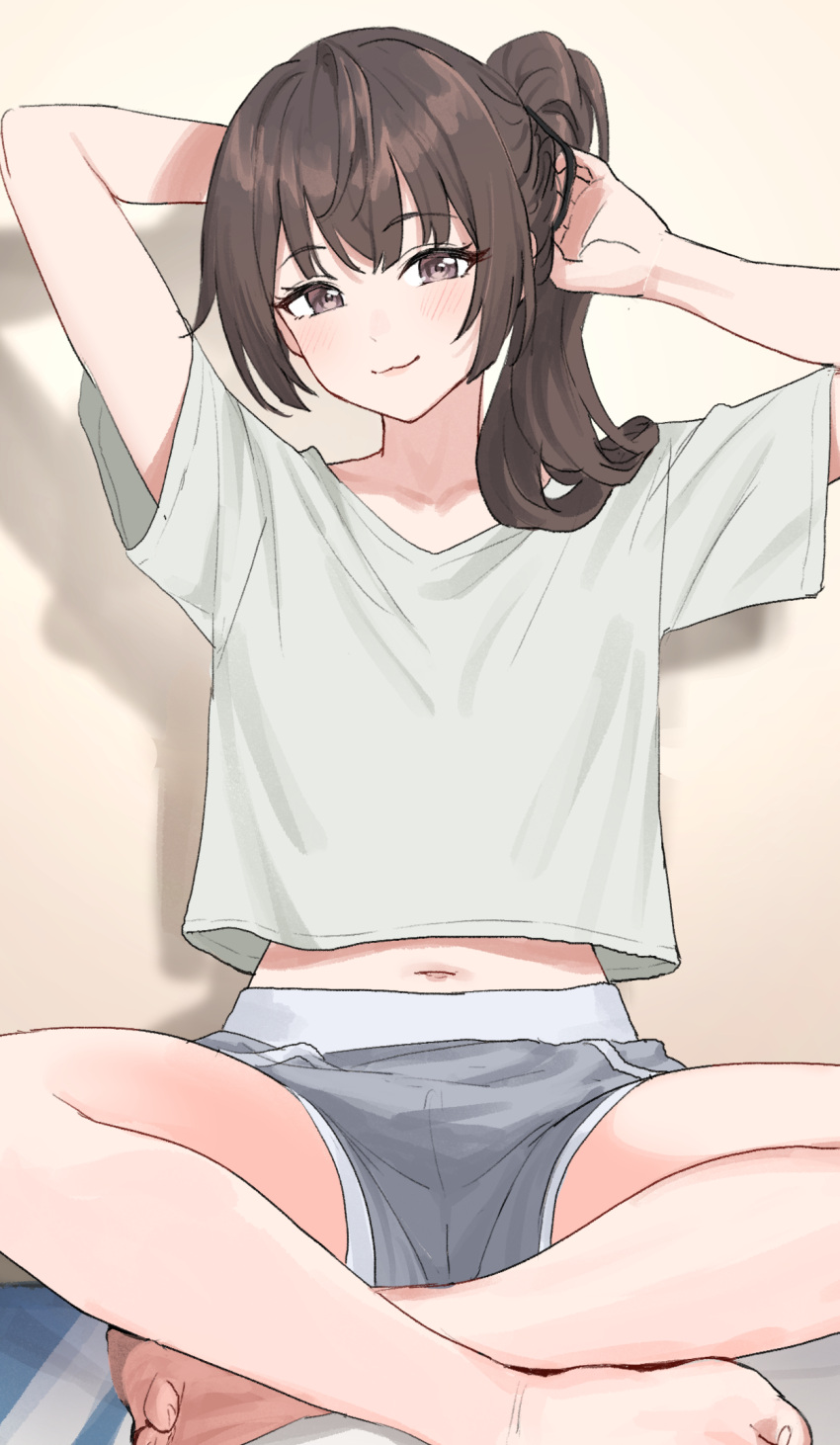 adjusting_hair arms_up bare_legs barefoot blush brown_hair female grey_shirt grey_shorts highres indian_style indoors looking_at_viewer midriff navel nonbire ponytail shadow shirt short_shorts short_sleeves shorts sitting smile solo suou_yuki tokidoki_bosotto_roshia-go_de_dereru_tonari_no_alya-san