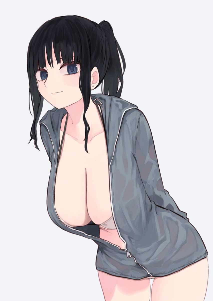 arms_behind_back bikini black_hair blue_eyes blunt_bangs breasts cleavage closed_mouth commentary_request cowboy_shot earrings female grey_hoodie halterneck high_ponytail highres hood hoodie hr_lady_(rucchiifu) jewelry large_breasts leaning_forward looking_at_viewer original partially_unzipped rucchiifu sidelocks solo swimsuit white_background white_bikini zipper zipper_pull_tab