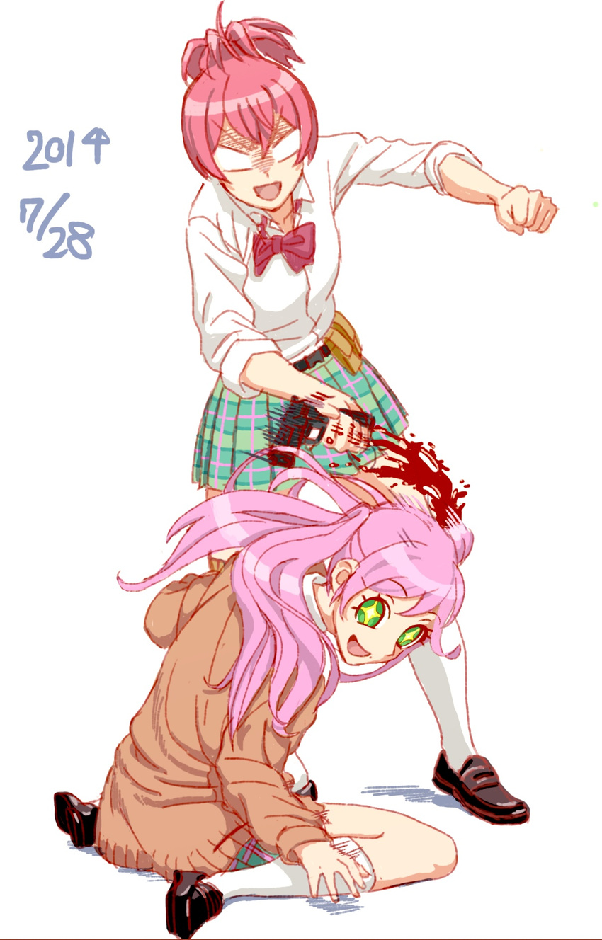 +_+ 2girls :d bad_id bad_pixiv_id blood commentary_request dress_shirt gun highres kasugano_urara_(sabagebu!) kneehighs loafers masochism mole mole_under_mouth multiple_girls no_pupils open_mouth photoshop_(medium) pink_hair pistol-whipping plaid plaid_skirt sabagebu! school_uniform shiro_ymko shirt shoes short_hair skirt smile socks sonokawa_momoka sweater weapon white_legwear