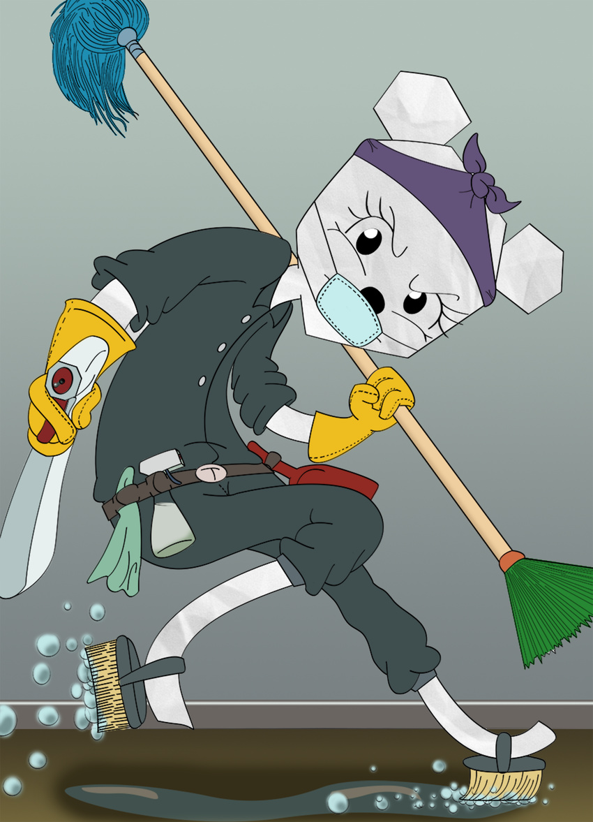 absurd_res anthro brush bubble cartoon_network cleaning_tool clothing female gloves handwear hi_res janitor mammal mop mouse murid murine paper puddle rodent simple_background solo spray_bottle teri_(tawog) the_amazing_world_of_gumball tool_belt vinoda white_body white_skin work_gloves