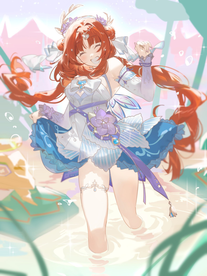 ^_^ bare_shoulders blue_dress blue_gemstone blue_sleeves closed_eyes day detached_sleeves double_bun dress female flower gem genshin_impact gradient_sleeves grin hair_bun hair_flower hair_ornament highres jewelry long_hair mikuroron nature nilou_(breeze_of_sabaa)_(genshin_impact) nilou_(genshin_impact) outdoors padisarah_flower purple_flower red_hair single_thighhigh smile solo thighhighs water