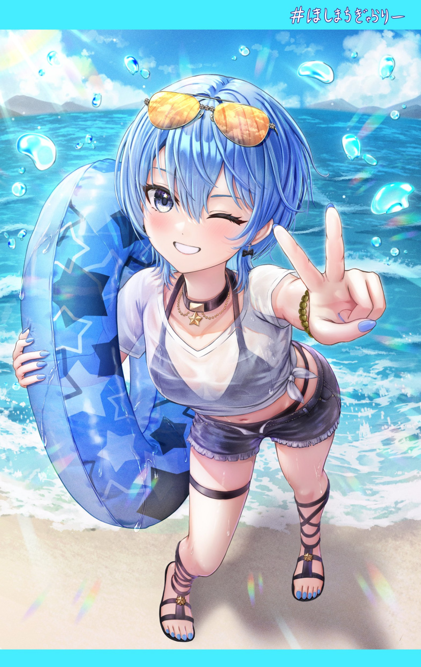 absurdres beach bikini black_bikini blue_nails blue_shorts breasts commentary_request denim denim_shorts eyewear_on_head female full_body highres holding holding_swim_ring hololive hoshimachi_suisei ocean one_eye_closed orange-tinted_eyewear sandals see-through see-through_shirt shirt shorts small_breasts solo sunglasses swim_ring swimsuit tied_shirt tinted_eyewear v virtual_youtuber wajuniorbox white_shirt