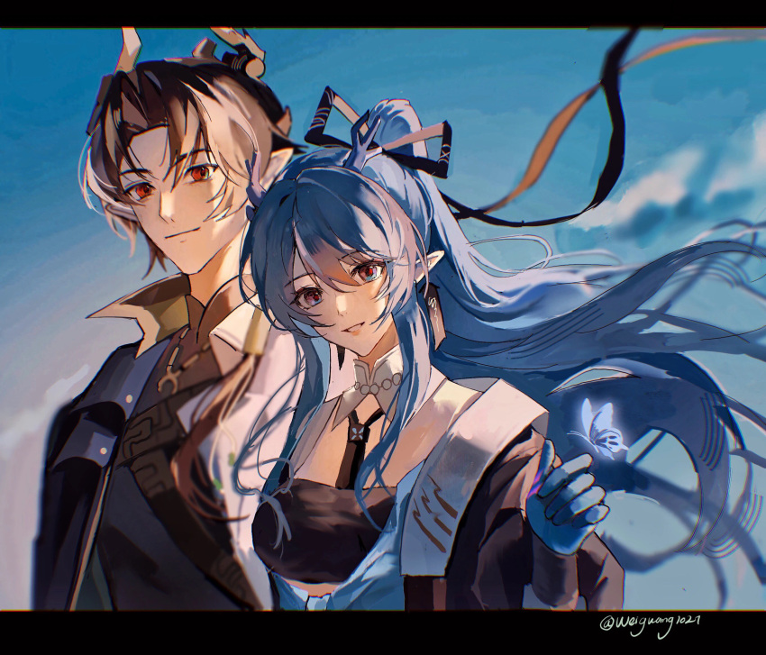 1boy arknights bandeau black_bandeau black_jacket black_necktie black_ribbon blonde_hair blue_butterfly blue_eyes blue_hair brother_and_sister brown_hair bug butterfly chinese_commentary chong_yue_(alighting)_(arknights) chong_yue_(arknights) closed_mouth colored_extremities commentary_request dragon_girl dragon_horns earrings female hair_between_eyes hair_intakes hair_ribbon hand_up highres horns jacket jewelry letterboxed ling_(arknights) ling_(towering_is_cliff_of_nostalgia)_(arknights) long_hair looking_at_viewer necktie official_alternate_costume pointy_ears red_eyes ribbon siblings smile upper_body weiguang651 wind