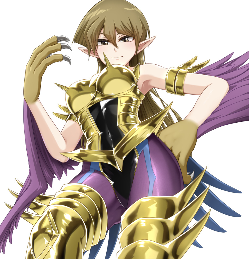 armlet brown_eyes brown_hair claws cosplay cyber_shield_(yu-gi-oh!) cyber_slash_harpie_lady female from_below hand_on_own_hip harpie_lady harpie_lady_1 harpie_lady_1_(cosplay) highres jewelry long_hair looking_at_viewer nm_(tshell2761) pointy_ears solo tenjouin_asuka thighhighs white_background winged_arms wings yu-gi-oh! yu-gi-oh!_gx