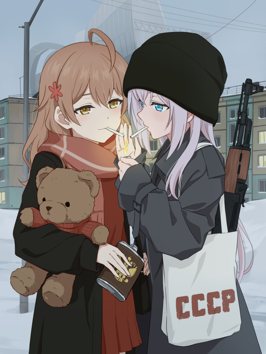 2girls ahoge akm alisa_mikhailovna_kujou apartment assault_rifle black_jacket blue_eyes blush brown_dress brown_hair cigarette commentary_request dress grey_hair grey_jacket gun hair_ornament hairclip highres holding holding_lighter holding_stuffed_toy jacket kalashnikov_rifle laofuzi_dai_bansho lighter long_hair looking_at_another mariya_mikhailovna_kujou multiple_girls outdoors revision rifle scarf smile smoking stuffed_animal stuffed_toy teddy_bear tokidoki_bosotto_roshia-go_de_dereru_tonari_no_alya-san weapon yellow_eyes