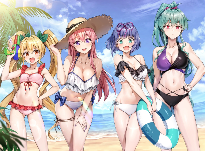 4girls aqua_eyes beach bikini black_bikini black_nails blonde_hair blue_hair bracelet breasts character_request cleavage cloud cloudy_sky collarbone commentary_request flat_chest frilled_bikini frills green_hair green_ribbons groin hair_ribbon hand_on_own_hip hand_on_own_thigh hat high_ponytail highres holding holding_swim_ring holding_water_gun innertube izumi_hina_(neet_de_otaku_na_kunoichi_to_naze_ka_dousei_hajimemashita) jewelry koyuki_(kotatsu358) large_breasts long_hair looking_at_viewer mole mole_under_eye momochi_ayame_(neet_de_otaku_na_kunoichi_to_naze_ka_dousei_hajimemashita) multiple_girls navel neet_de_otaku_na_kunoichi_to_naze_ka_dousei_hajimemashita orange_eyes outdoors palm_leaf palm_tree pink_bikini pink_hair pink_ribbon purple_eyes purple_nails red_eyes ribbon shizuri_(neet_de_otaku_na_kunoichi_to_naze_ka_dousei_hajimemashita) short_hair side-tie_bikini_bottom sky stomach straw_hat striped_innertube swim_ring swimsuit tree twintails water_gun white_bikini