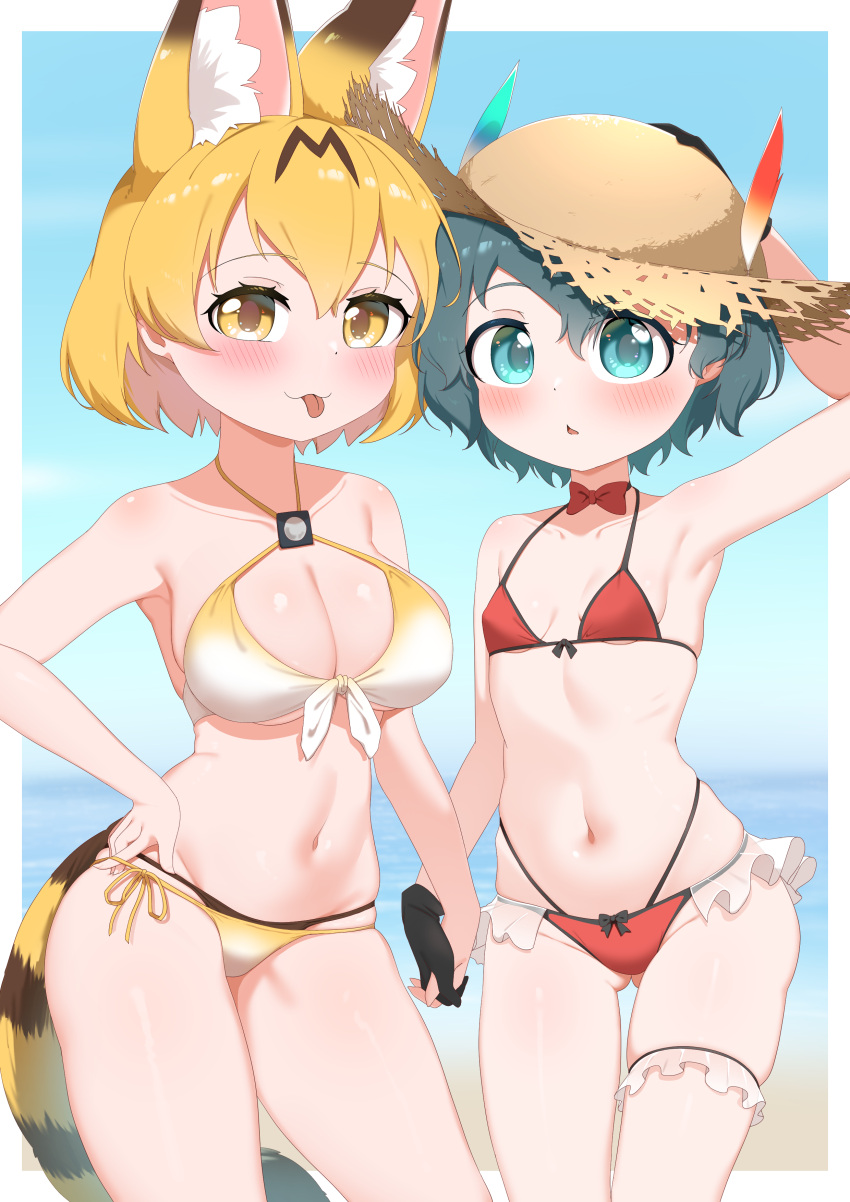 2girls absurdres animal_ears bikini blonde_hair bow bowtie breasts bridal_garter chis_(js60216) cleavage contrapposto criss-cross_halter flat_chest frilled_bikini_bottom front-tie_bikini_top front-tie_top green_eyes grey_hair halterneck hat highres kaban_(kemono_friends) kemono_friends large_breasts multiple_girls red_bikini red_bow red_bowtie serval_(kemono_friends) short_hair side-tie_bikini_bottom straw_hat sun_hat swimsuit tail tongue tongue_out yellow_eyes