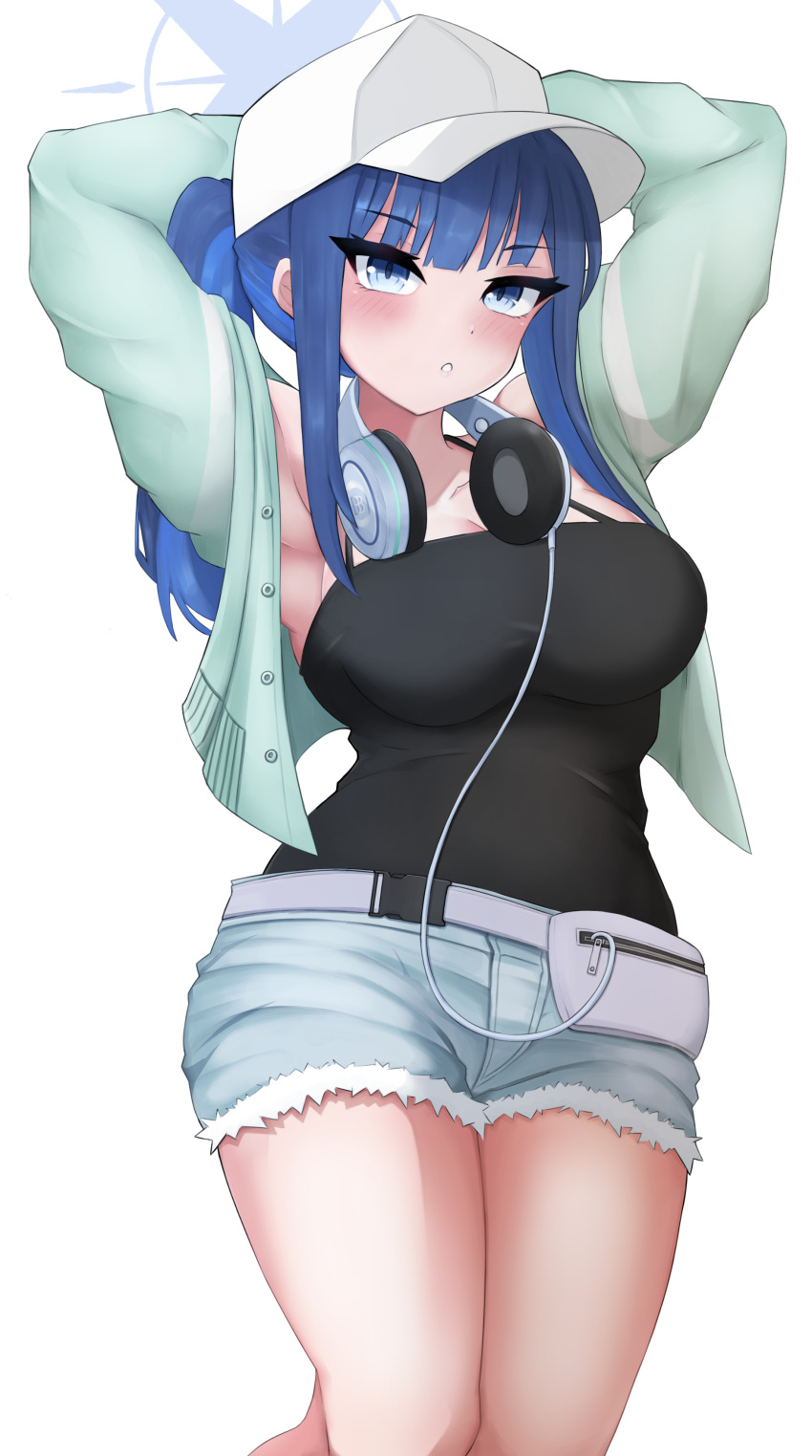 absurdres armpits arms_up blue_archive blue_eyes blue_hair breasts chef_rat female halo hat highres long_hair saori_(blue_archive) saori_(swimsuit)_(blue_archive) short_shorts shorts solo standing