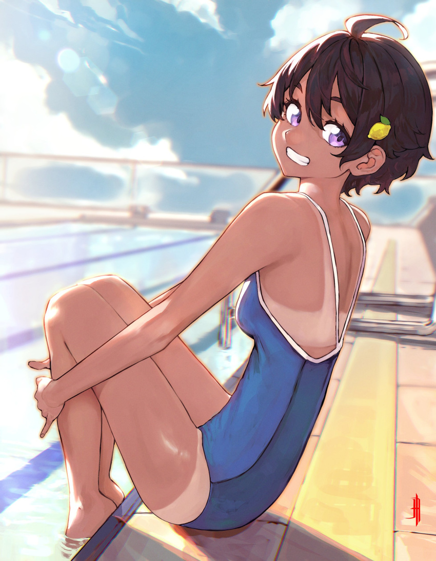 absurdres ahoge blue_one-piece_swimsuit breasts brown_hair cloud dark-skinned_female dark_skin english_commentary female food-themed_hair_ornament from_side grin hair_ornament highres j._artur lemon_hair_ornament lens_flare looking_at_viewer looking_to_the_side make_heroine_ga_oo_sugiru! one-piece_swimsuit outdoors pool poolside purple_eyes short_hair sitting sky small_breasts smile soaking_feet solo swimsuit tan tanlines teeth yakishio_remon