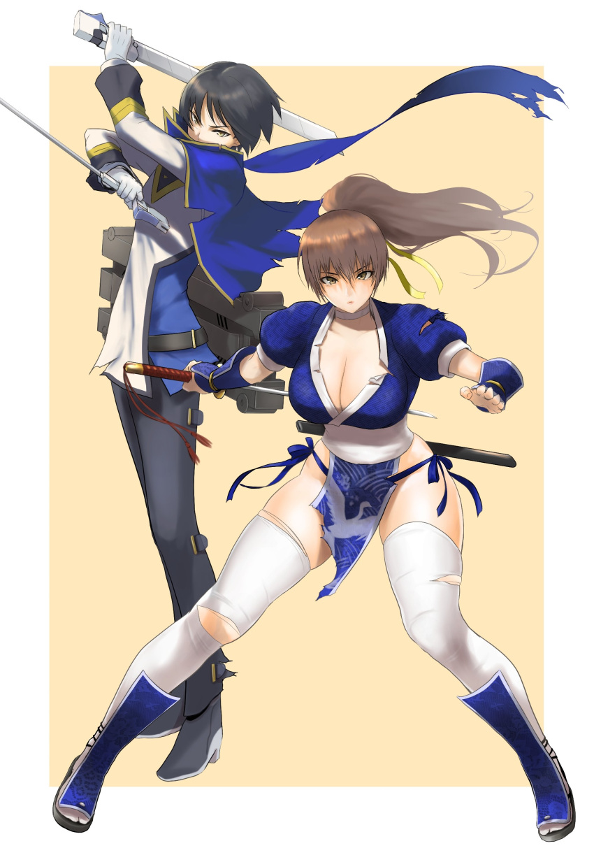 1boy absurdres anagumasan black_hair blazblue blue_scarf breasts brown_hair dead_or_alive dual_wielding female full_body hibiki_kohaku highres holding kasumi_(doa) looking_at_viewer medium_hair ninja ponytail scarf short_hair side_slit torn_clothes