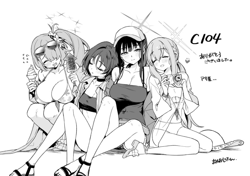 4girls arius_squad_(blue_archive) atsuko_(blue_archive) atsuko_(swimsuit)_(blue_archive) baseball_cap bikini blue_archive blush breasts camera camisole closed_eyes comiket_104 commentary_request food greyscale halo hat heart highres hiyori_(blue_archive) hiyori_(swimsuit)_(blue_archive) holding holding_camera ice_cream ikayaki large_breasts long_hair mameojitan misaki_(blue_archive) misaki_(swimsuit)_(blue_archive) monochrome multiple_girls saori_(blue_archive) saori_(swimsuit)_(blue_archive) short_hair side_ponytail sitting small_breasts swimsuit