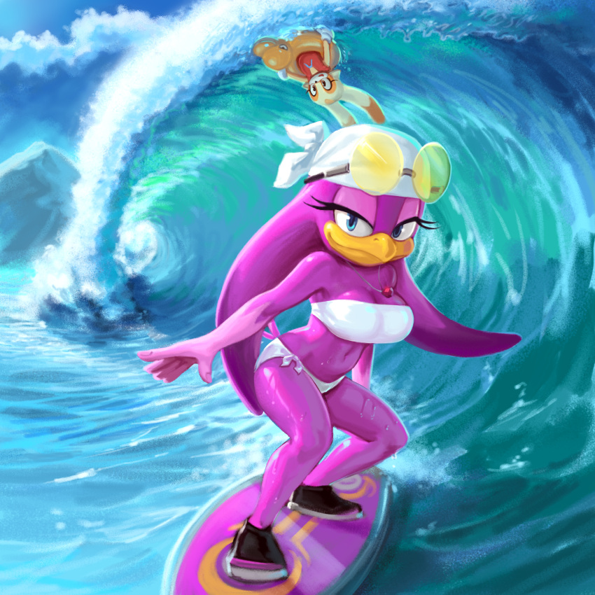 anthro avian bandana beak bikini bird blue_eyes brown_eyes clothing cream_the_rabbit crop_top duo eyelashes eyewear eyewear_on_head female floatie footwear hi_res hirundinid inflatable kerchief kujalla lagomorph leporid mammal mountain oscine passerine purple_body rabbit sega shirt shoes sky smile sonic_riders sonic_the_hedgehog_(series) sunglasses sunglasses_on_head surfboard surfing swallow_(bird) swimwear tail tan_body topwear two-piece_swimsuit wave wave_the_swallow wet