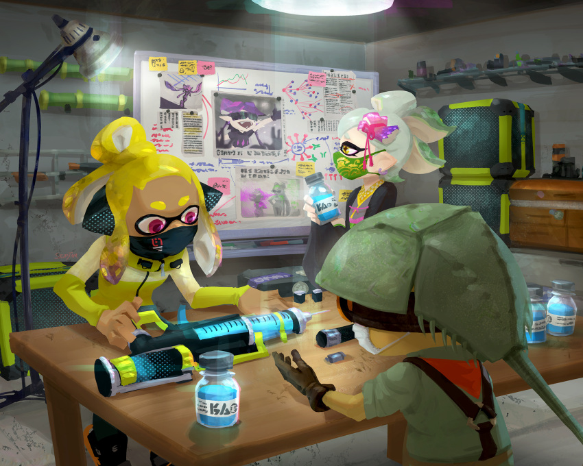 1boy 2girls agent_4_(splatoon) callie_(splatoon) colored_skin highres inkling jacket japanese_clothes kimono lamp marie_(splatoon) mask mouth_mask multiple_girls sheldon_(splatoon) splatoon_(series) splatoon_2 squidbeak_splatoon stup-jam table tentacle_hair weapon whiteboard yellow_skin