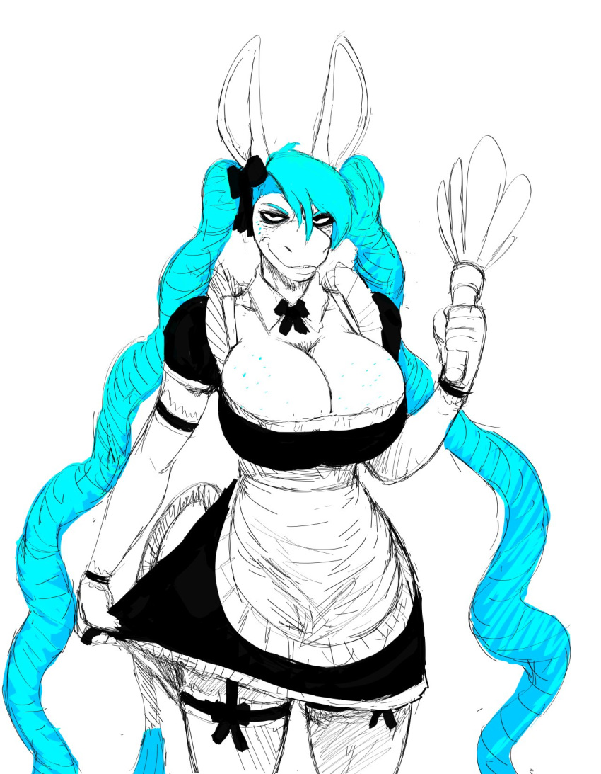 2020 accessory anthro asinus big_breasts blue_hair breasts clothing donk donkey equid equine feather_duster female hair hair_accessory hair_ribbon hi_res hladilnik maid_uniform male_(lore) mammal ribbons rule_63 solo uniform