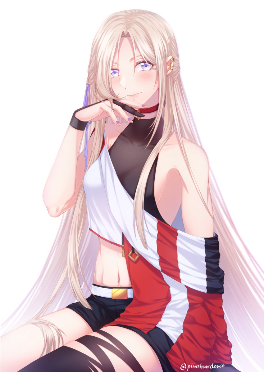 artist_name blonde_hair choker commentary contemporary edelgard_von_hresvelg english_commentary female fire_emblem fire_emblem:_three_houses hand_on_own_chin highres long_hair looking_up navel purple_eyes red_choker sieka_(piiroinardesco) solo very_long_hair white_background