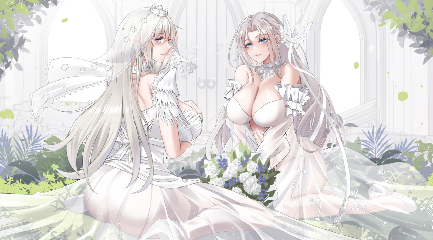 2girls absurdres azur_lane blue_eyes bouquet breasts dress enterprise_(azur_lane) enterprise_(starlight_oath)_(azur_lane) highres holding holding_bouquet kamina_(kamin789) large_breasts long_hair looking_at_viewer looking_back multiple_girls official_alternate_costume purple_eyes sitting wariza wedding_dress white_dress white_hair white_veil yorktown_(azur_lane) yorktown_(towards_tomorrow's_brilliant_breeze)_(azur_lane)