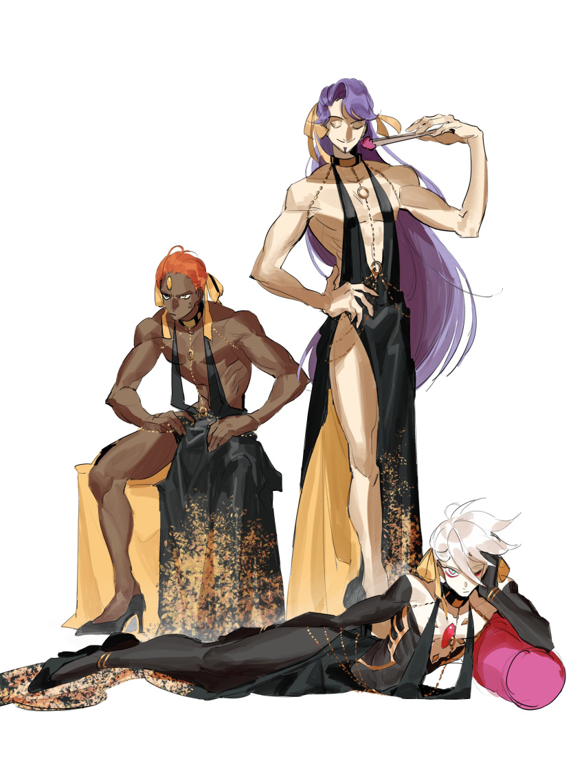 3boys absurdres ashwatthama_(fate) bb_dubai_(fate) bb_dubai_(fate)_(cosplay) black_dress braided_hair_rings cosplay crossdressing dress duryodhana_(fate) earrings fabulous facial_hair fate/grand_order fate_(series) goatee goatee_stubble hair_ribbon highres jewelry karna_(fate) long_hair looking_at_viewer male_focus multiple_boys pelvic_curtain purple_eyes purple_hair ribbon sailin standing stubble toned toned_male white_background yellow_ribbon