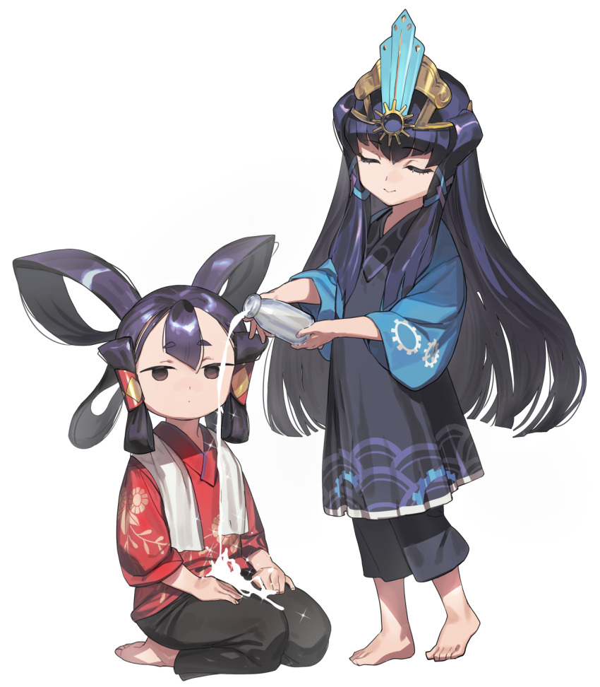 2girls barefoot black_dress black_eyes black_hair black_pants bottle closed_eyes dress empty_eyes expressionless feet hair_rings highres kokorowa-hime long_hair multiple_girls pants pouring pouring_onto_another quad_hair_rings red_shirt sakuna-hime shirt sitting smile soosaresu standing tensui_no_sakuna-hime toes towel