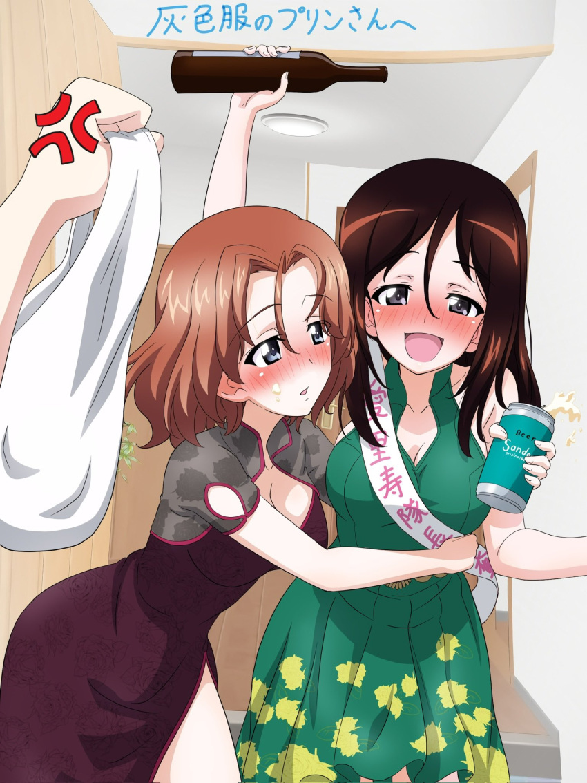 2girls azumi_(girls_und_panzer) beer_can blue_eyes blush bottle breasts brown_hair can chinese_clothes cleavage collarbone dress drink_can drunk girls_und_panzer green_dress grey_eyes highres holding holding_bottle holding_can hug indoors key_(gaigaigai123) large_breasts long_hair looking_at_another looking_at_viewer megumi_(girls_und_panzer) multiple_girls open_mouth short_hair smile yuri